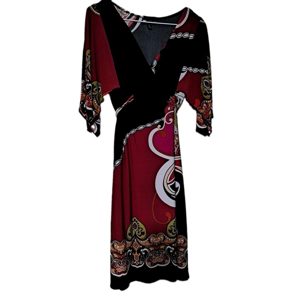 Vintage Carole Little Dress Vneck Flutter Sleeve Multi Paisley Wrap Tie Sz 6